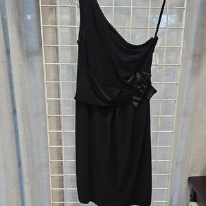 David Meister Black One-Shoulder Cocktail Dress with Floral Accent